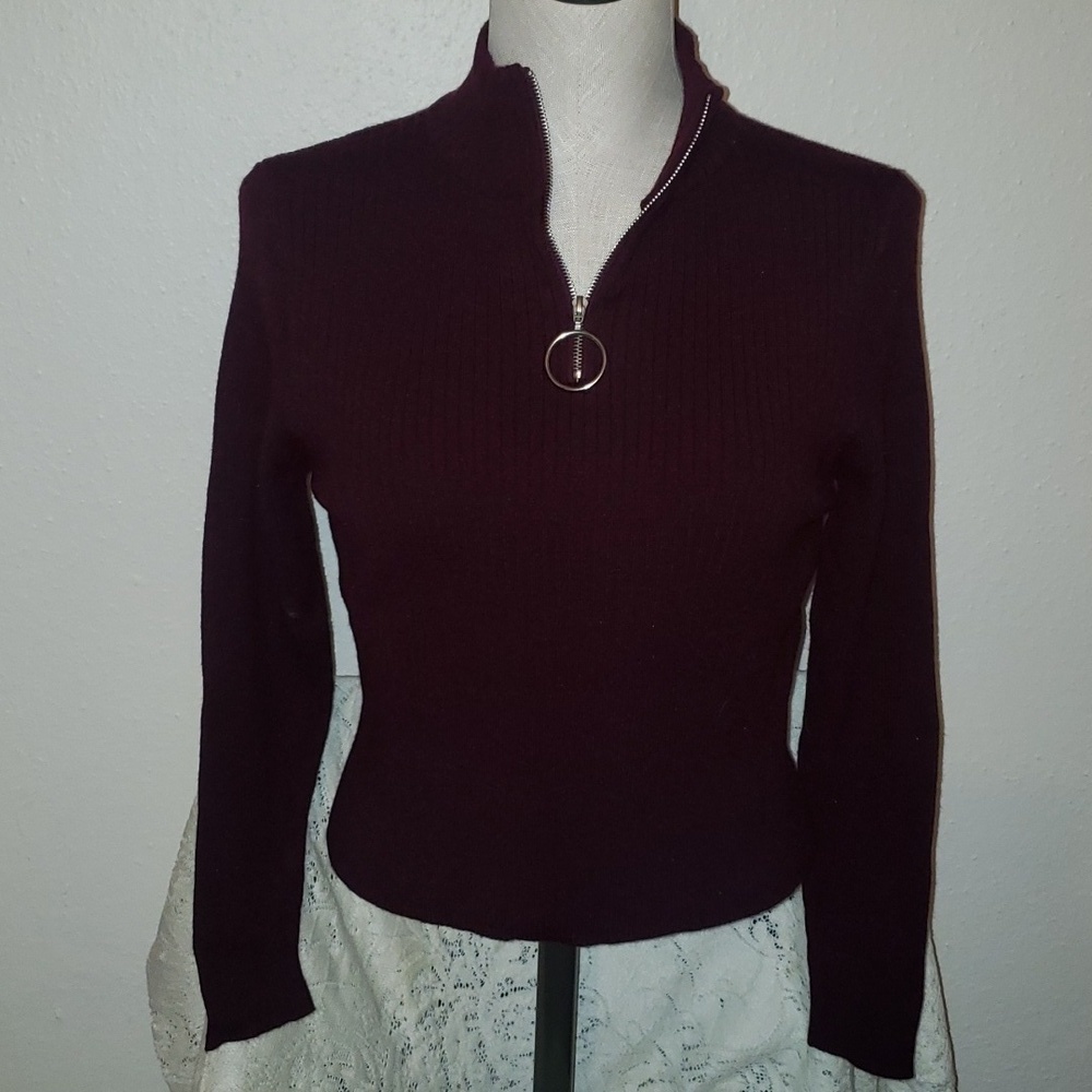 Love Tree ribbed sweater mock turtleneck 1/4 zip front